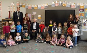Governor Evers takes a photo with Mrs. Marlewski's 4K class.