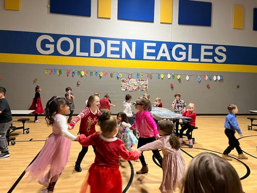 Lyndon Station student dancing at their holiday party.