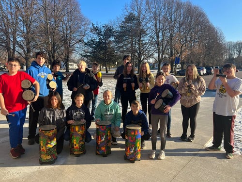 Seventh grade drumming class is reviewing their unit about Latin America.