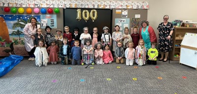 Ms. Aruit's class celebrates 100 days of school.